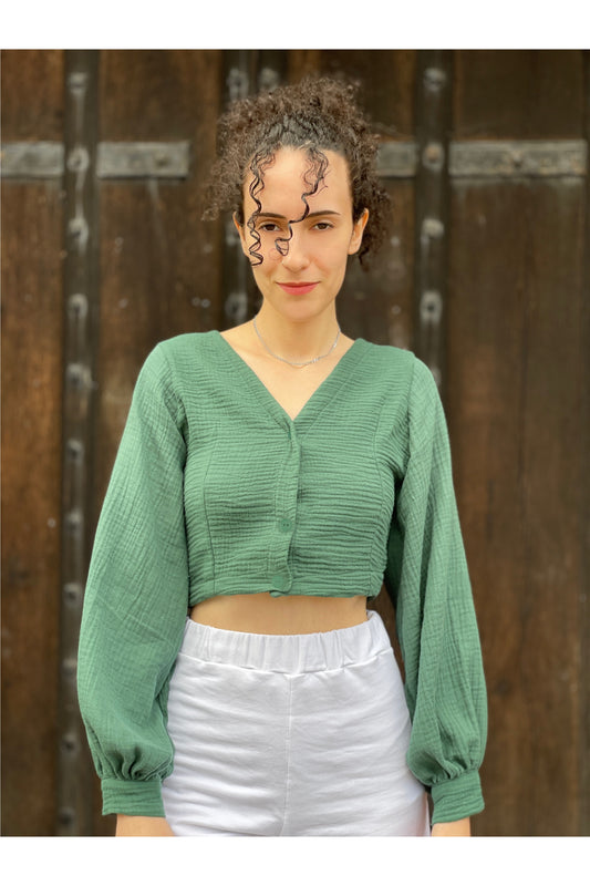 Cotton Button Blouse with Poofy Sleeves - Pine Green