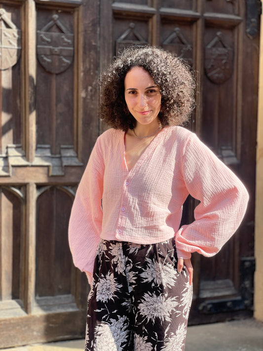 Cotton Button Blouse with Poofy Sleeves - Baby Pink